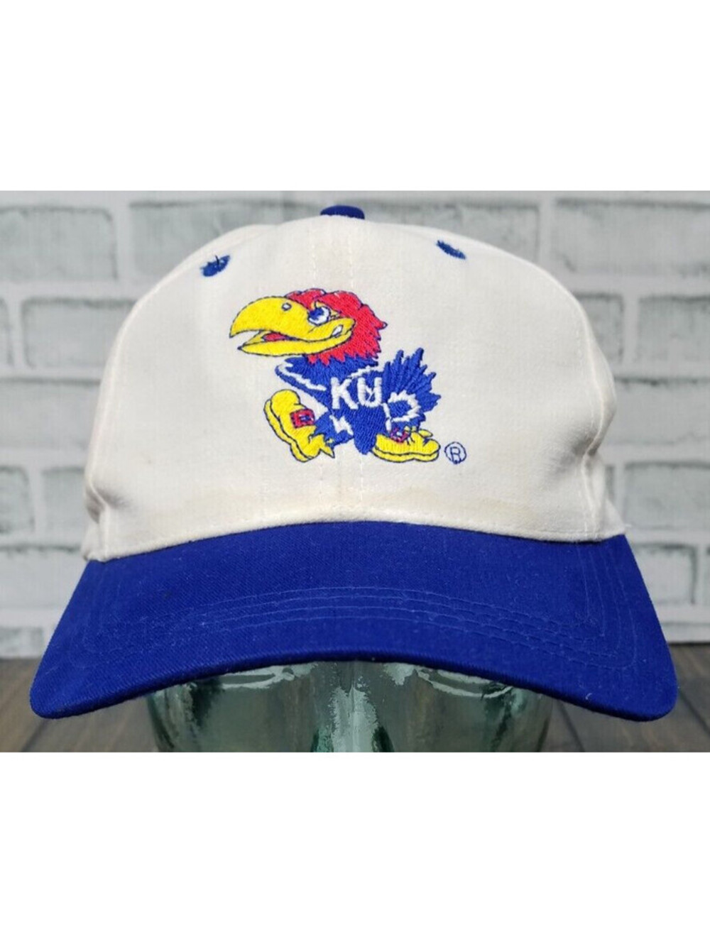 Vintage Kansas Jayhawks WHITE BLUE Hat Snapback Cap KU Basketball